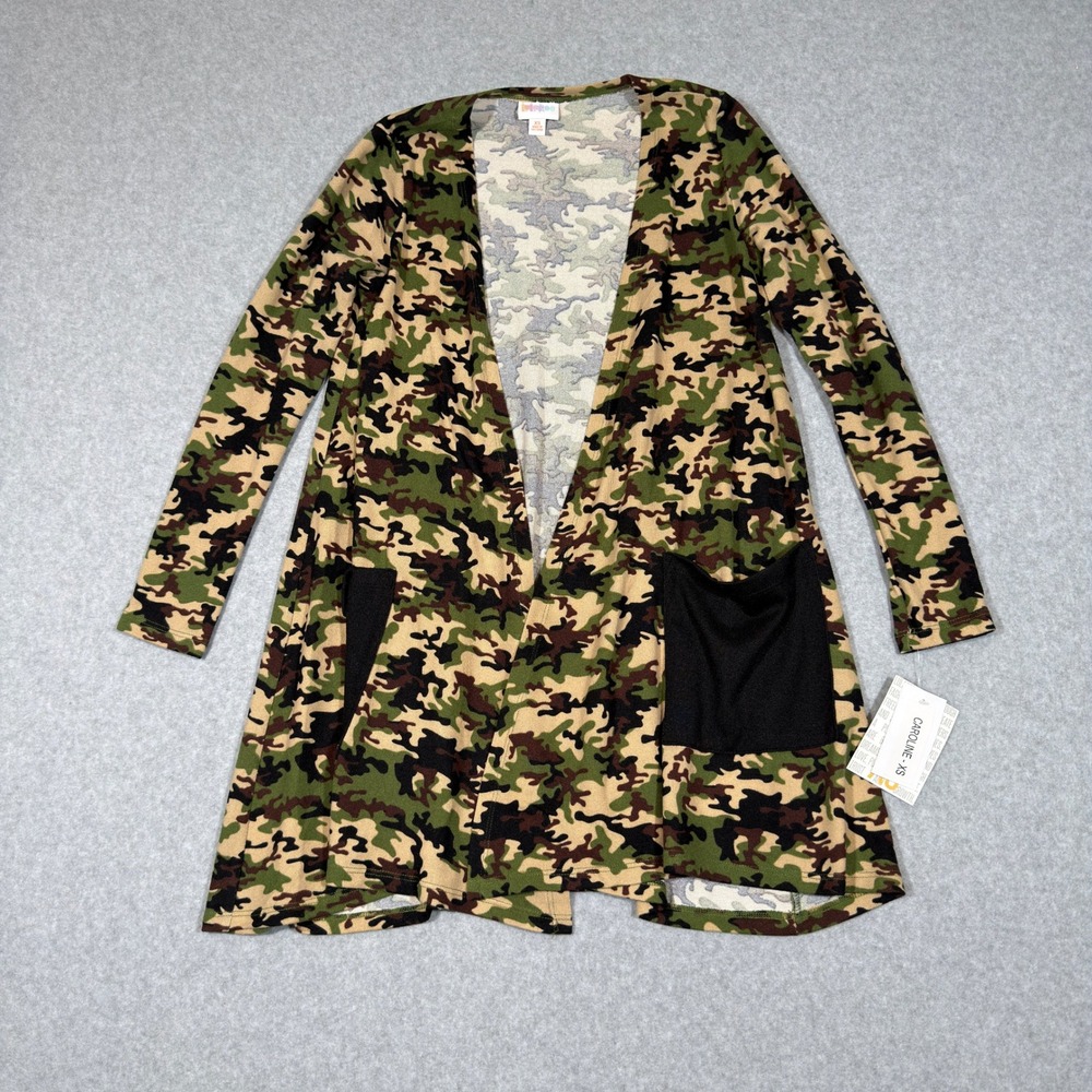 NWT LuLaRoe Caroline Cardigan XS Camo Open Front Long Sleeve Pocket Sweater
